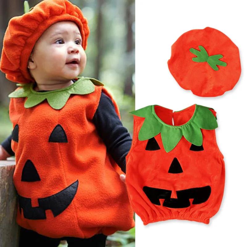 

0-3Y Newly Cosplay Halloween Toddler Baby Kid Pumpkin Print Sleeveless Romper Jumpsuits Tops+Hats Baby Clothes 2PCS Costumes