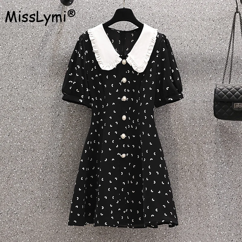 

Large Size Women Sweet Print Dress Summer 2022 Cute Peter Pan Colalr Patchwork Short Sleeve Pearl Buttons Black Mini Dresses