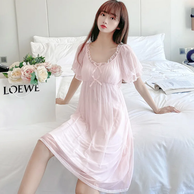 New Court Style Mesh Lace Princess Nightdress Female Summer Girl Beautiful Pijamas Cute with Chest Pad