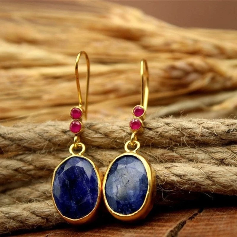 

Ethnic Round Lapis lazuli Earrings Antique Jewelry Metal Silver Color Carving Water Drop Blue Gem Geometric Pendant Earrings