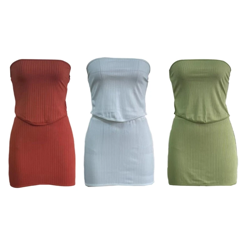 

Трикотажная ребристая короткая юбка с открытыми плечами, комплект из топа, однотонный облегающий пикантный наряд с вырезами на талии для женщин