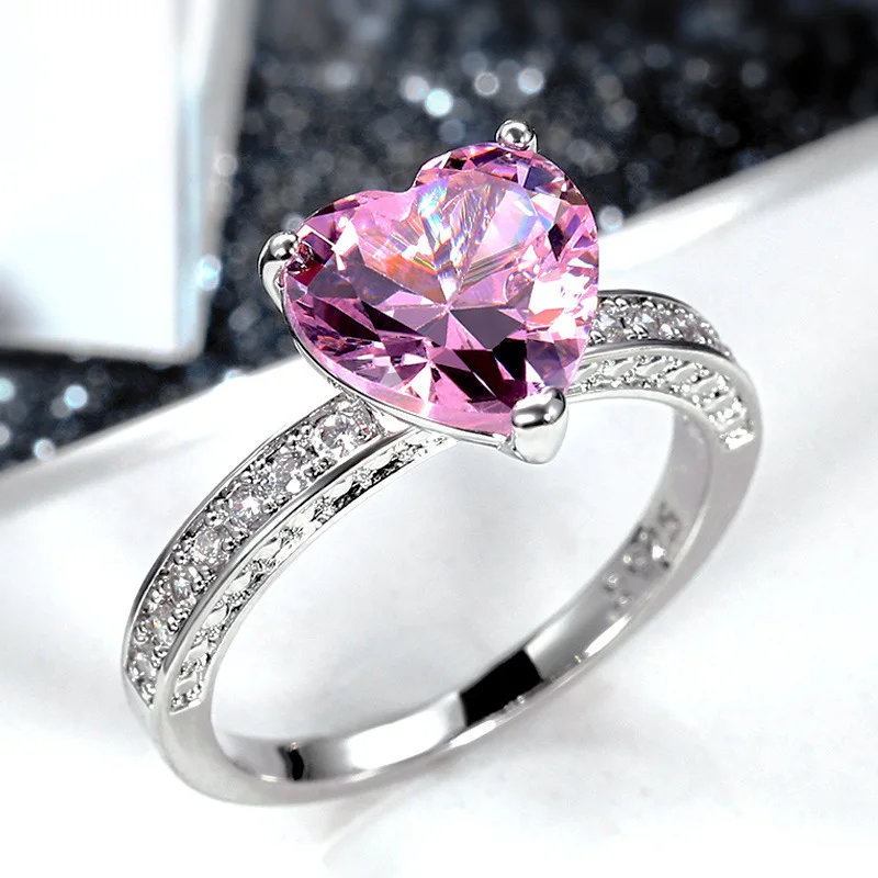 לב ורוד קריסטל לב יהלומי טבעות לנשים אירוסין טבעת קסם כלה נישואים טבעת האהבה מתנת יום תכשיטים