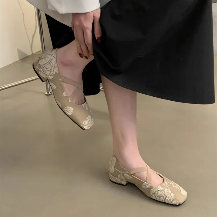 Балетки женские атласные Туфли Мэри Джейн на плоской подошве с принтом в ретро