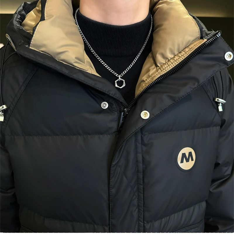 Зимняя мужская куртка с капюшоном брендовая модная кожаная большими карманами