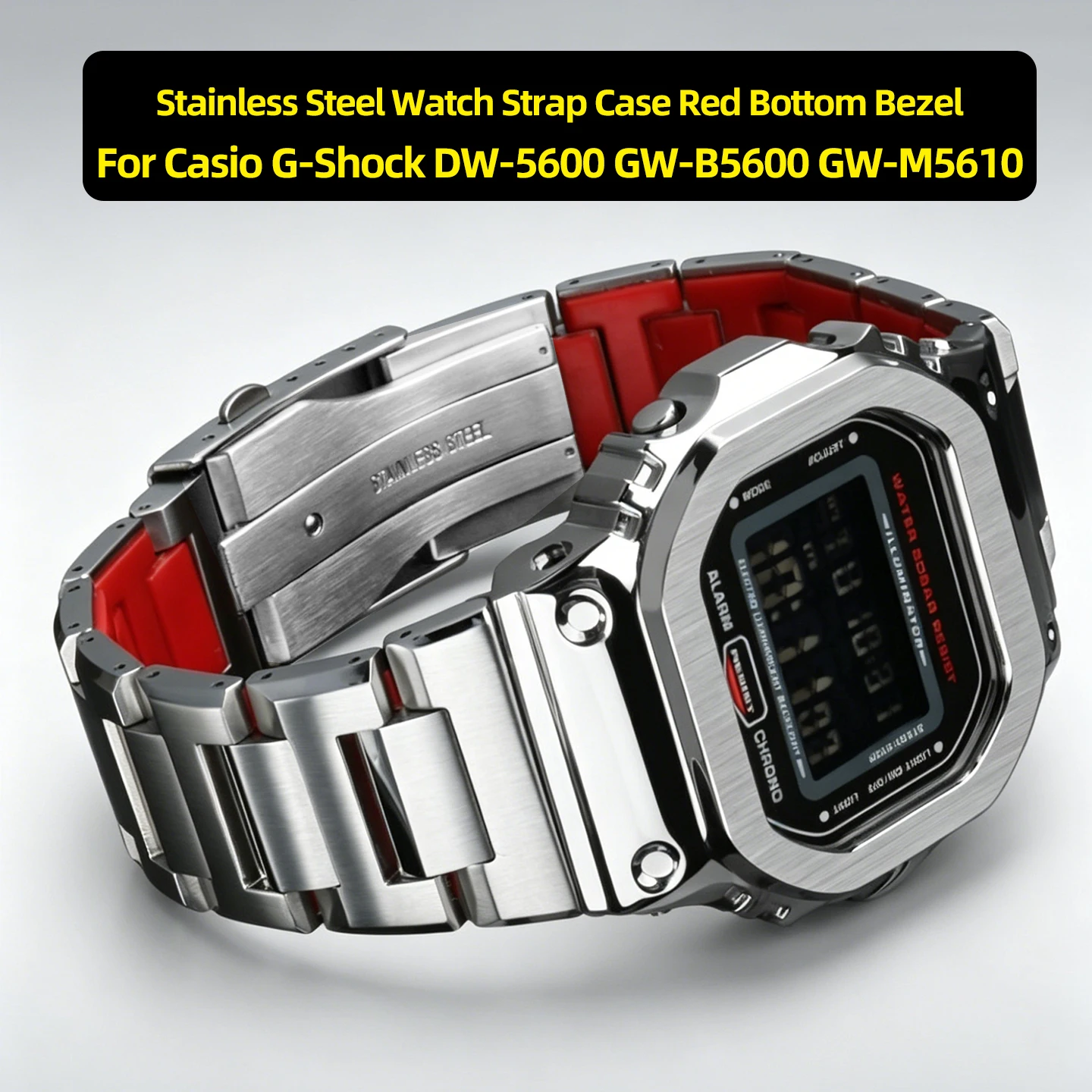 Фото Комплект для модификации часов Casio G-Shock DW-5600 GW-B5600 GW-M5610: корпус и ремешок из нержавеющей стали с красной нижней частью и безелем, металлический комплект для модификации. №1