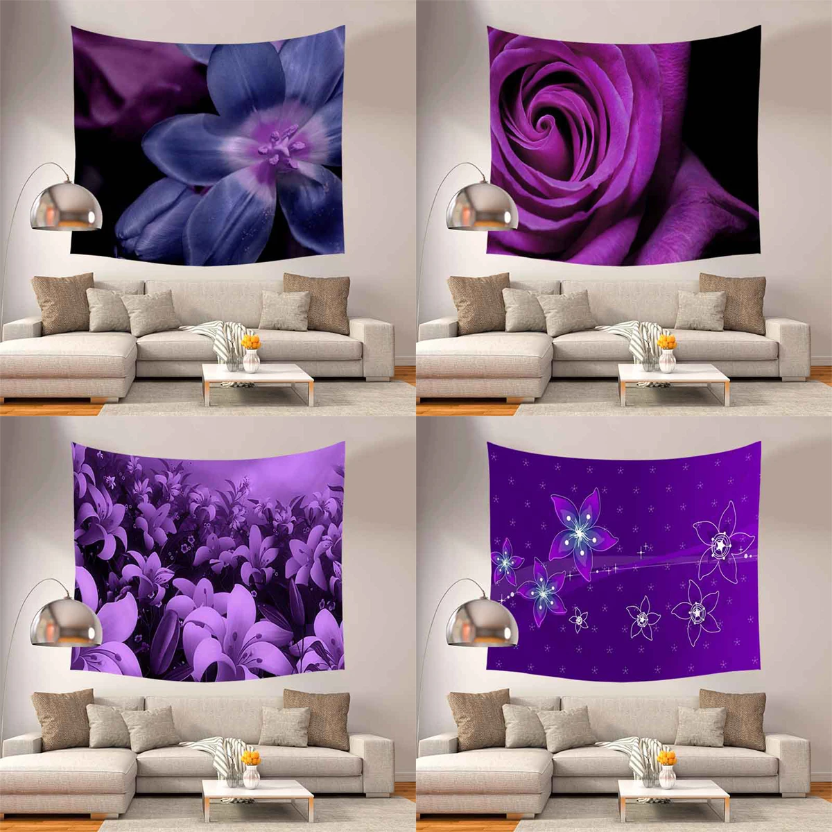 

ZHENHE Purple Natural Aurora Starry Sky Flowers Tapestry Home Decor Wall Hanging Tapestries Boho Bedspread Yoga Mat Blanket