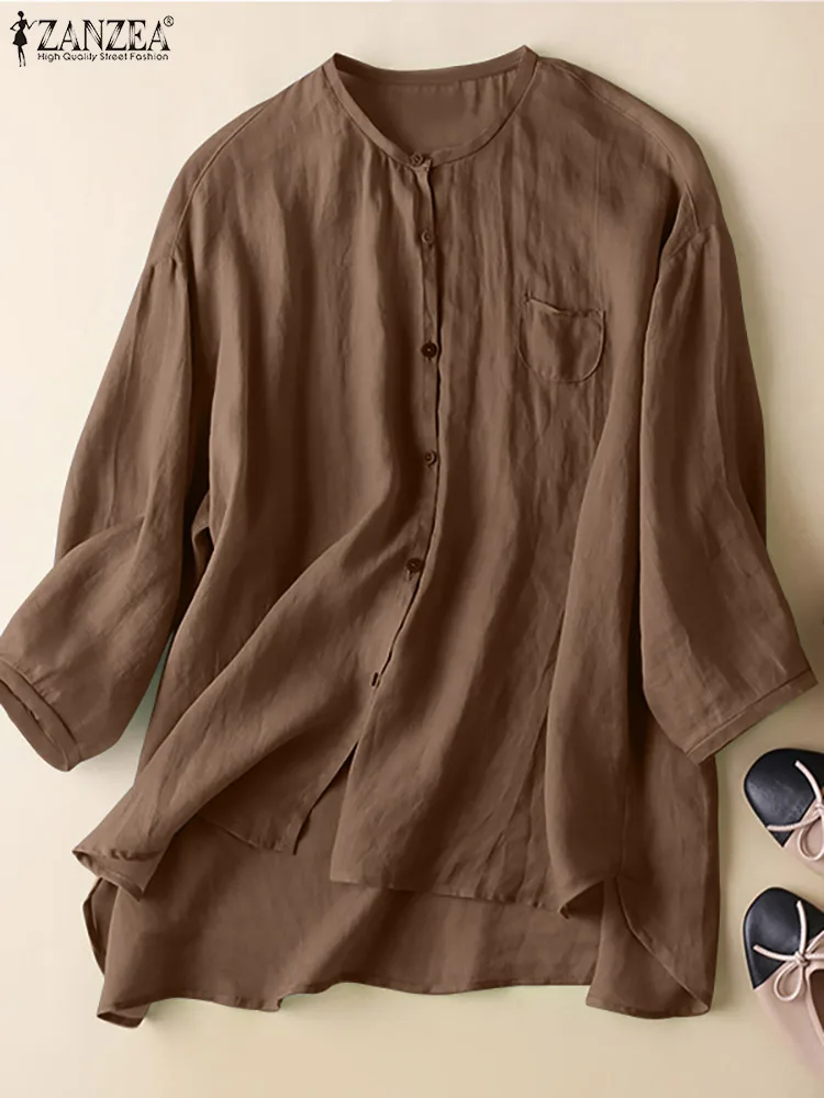 

2022 ZANZEA Women O Neck 3/4 Sleeve Solid Blouse Stylish Casual Buttons Down Shirt Work Blusas Female Loose Tops Tunic Oversize