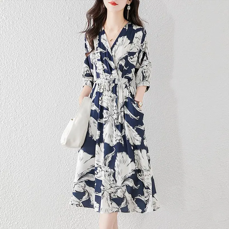 

Summer Elegant Women Dress Fashion Slim V-neck Print Temperament Skirt Waist Drawstring Lacing Simple Loose Female Midi Dresses