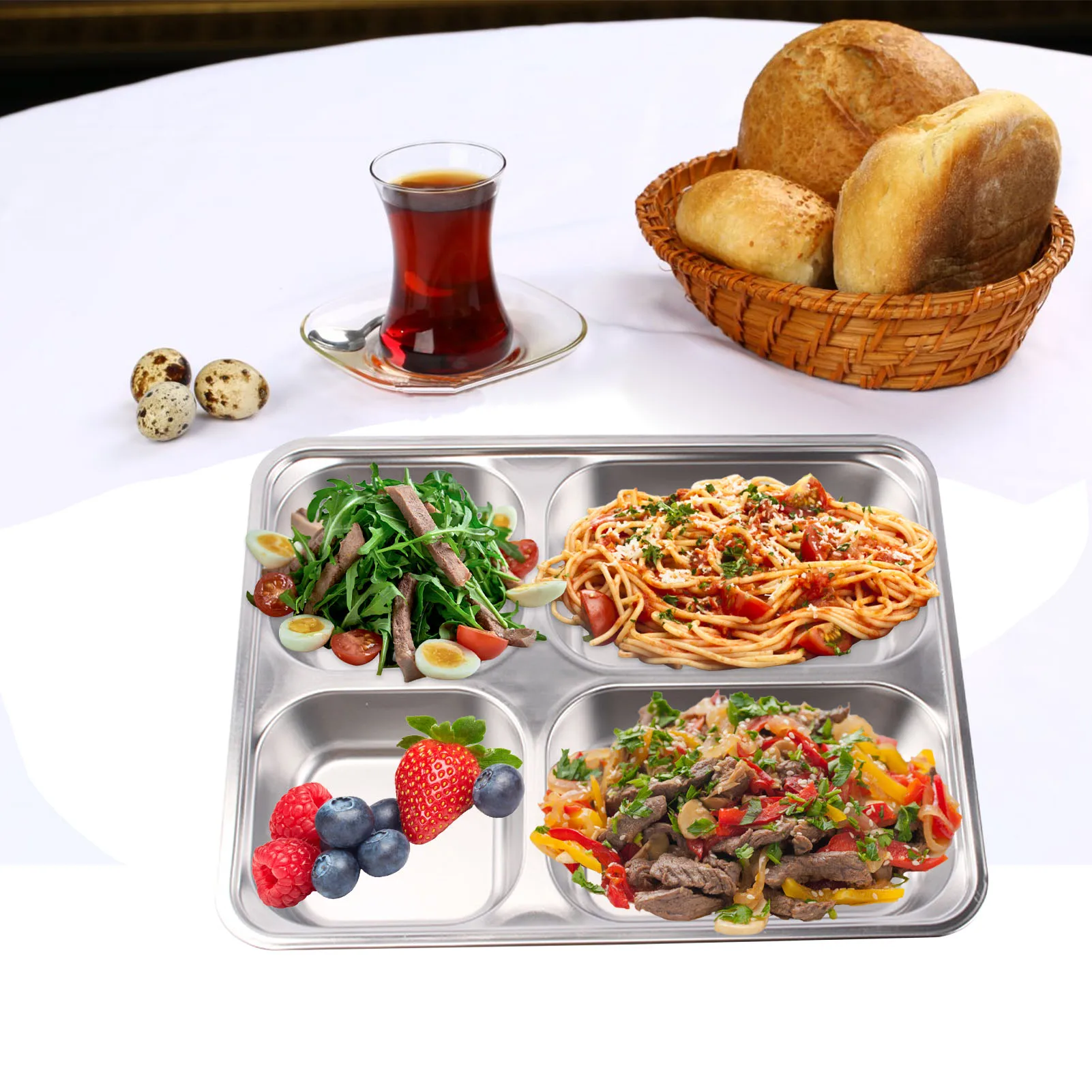 Stainless Steel Divided Tray With 4 Rectangular Compartments Cheap Practical Dinner Plate For School Company Home Camp Kid |
