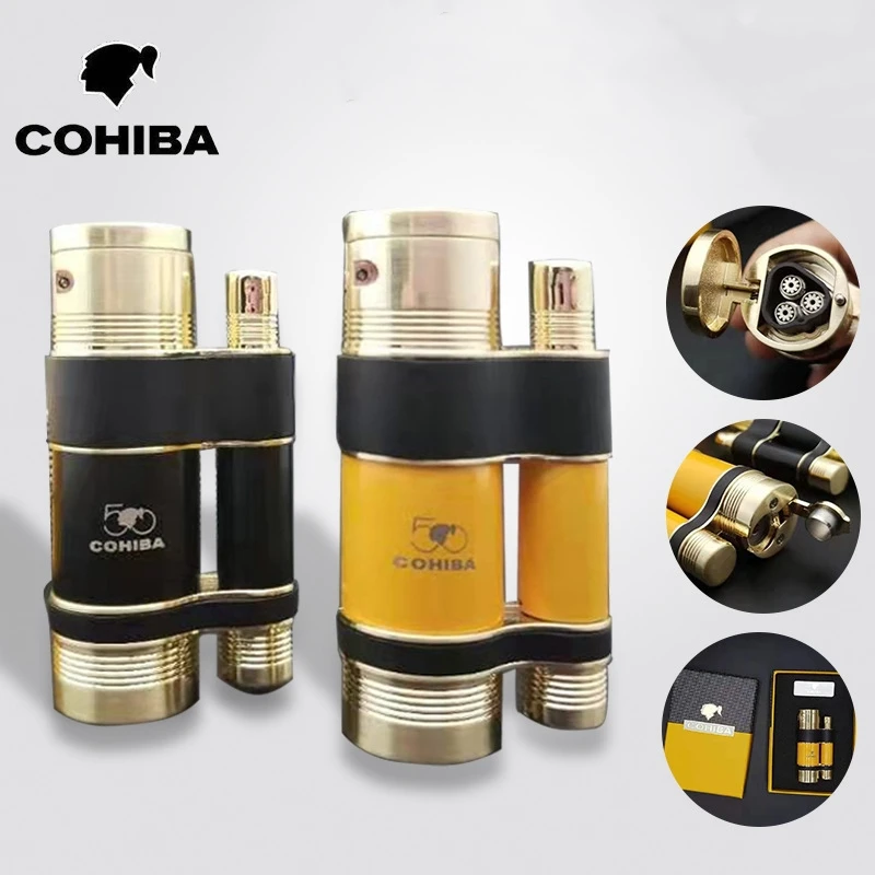 

Cohiba Cigar Luxury Lighter Metal Hole Opener Three Straight Inflatable Portable Pack Torch Lighter Butane Lighter Gift for Men