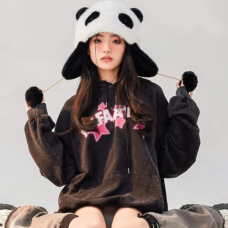 

J78E Panda Ear Hat Panda Earflap Hat Hooded Hat Fleece Earflap Beanie Bomber Hat Plush Trapper Hat Winter Panda Hat