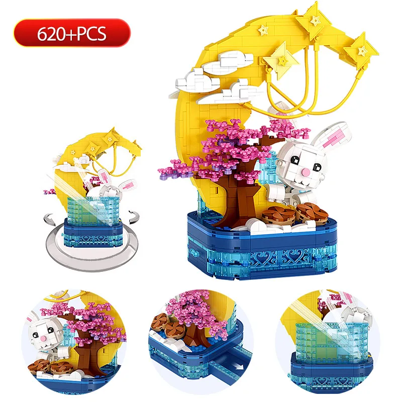 

620pcs City Mini Retro Moon Rabbit Pen Container Building Blocks Sakura Tree Star Friends Bricks DIY Toys For Children Gifts