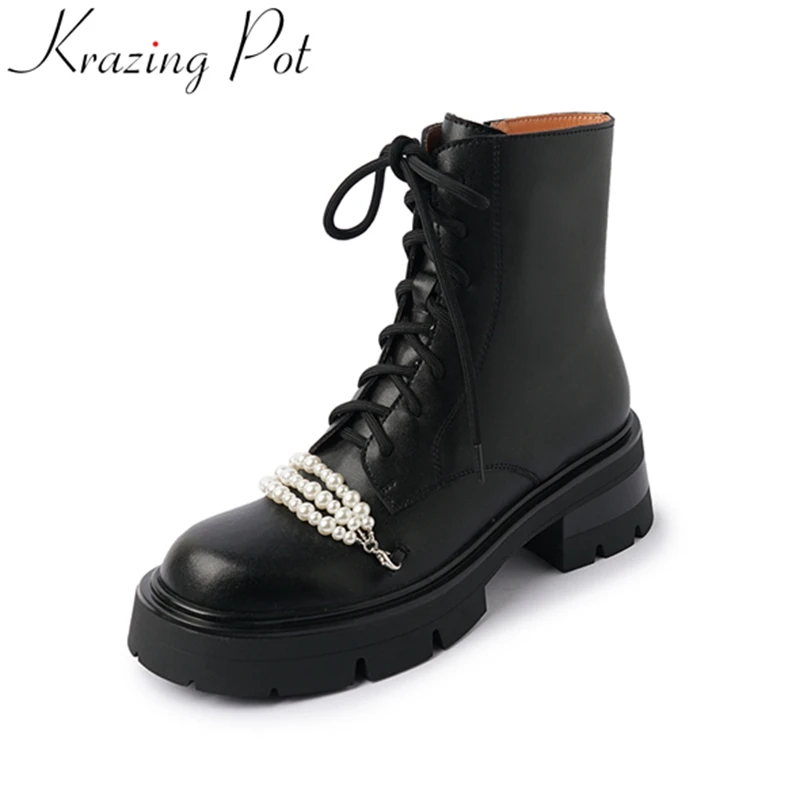 

Krazing Pot Cow Split Leather High Heels Pearl Zipper Chelsea Boots Warm Winter Shoes Concise Elegant Office Lady Ankle Boots
