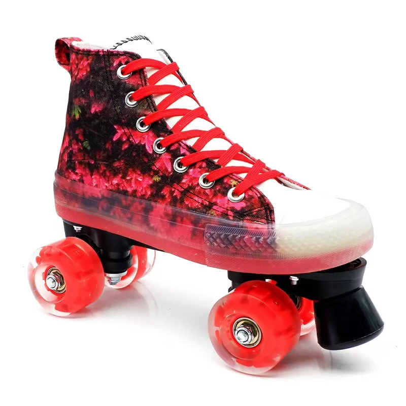 High Quality Red Canvas Roller Skates Shoes Patines Sliding Inline Quad Skating Sneakers Training 4 Flash Wheels For Beginners