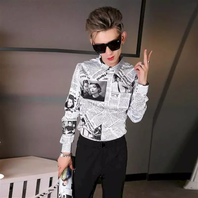 Новинка рубашка с газетами корейский тренд Мужская длинным рукавом Свободная