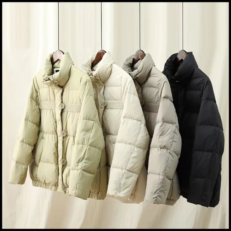 Down Jacket Women Winter Stand Collar Loose Fashion Stitching White Duck Down Warm Coat Outwear