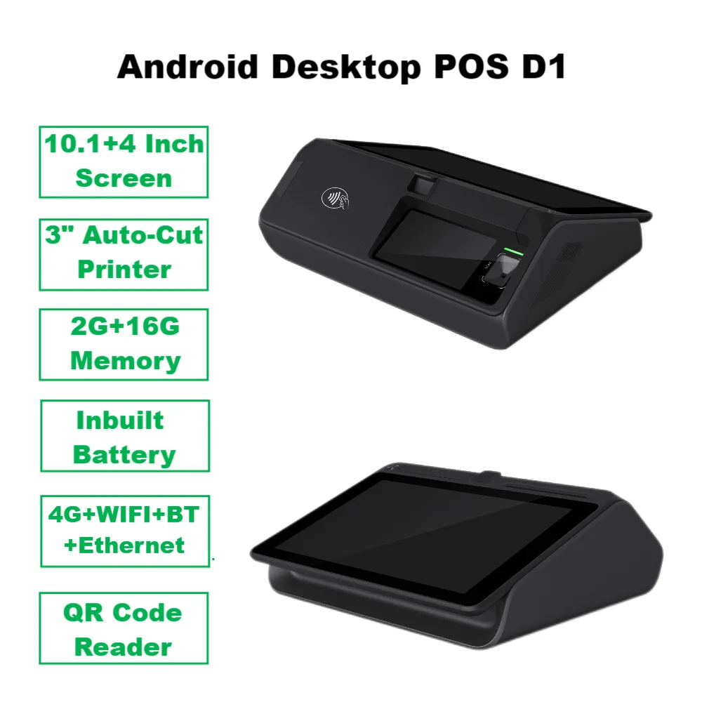 

4G Android POS D1 with 80mm Auto-cut Printer 10+4 Inch Dual Screen ECR Cheap Cash Register WIFI BT LAN 2D Scanner NFC Reader