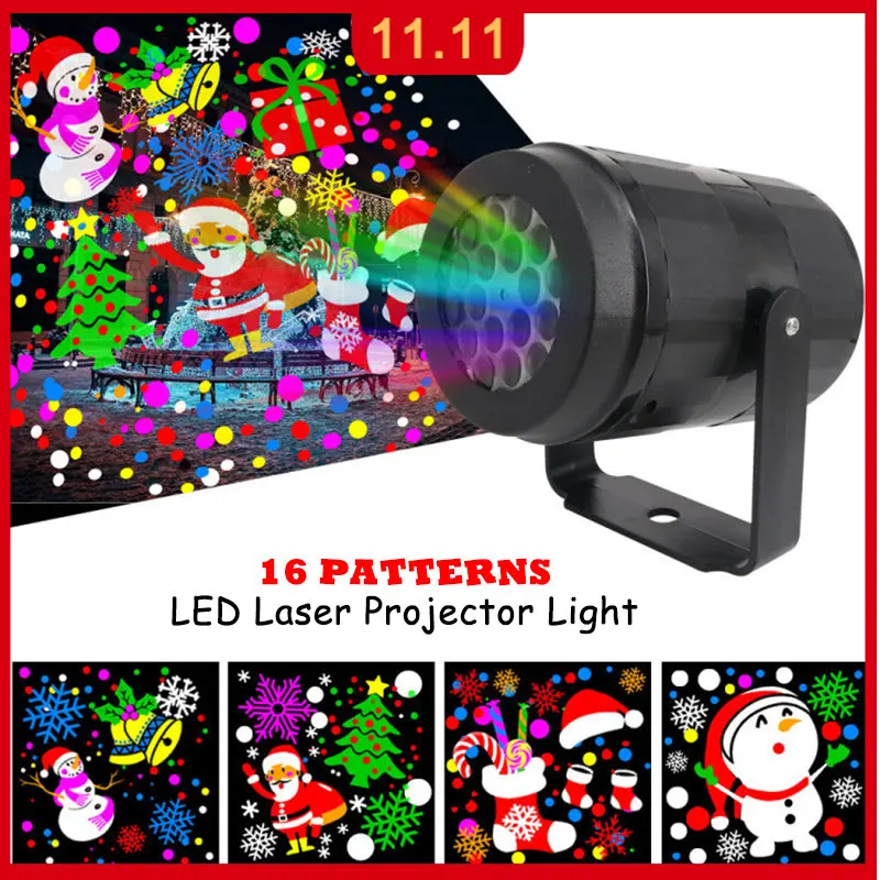 

Светодиодный лазерный проектор с 16 узорами, новогоднее и Рождественское украшение, снежинка, лось, проекционная лампа для сцены, комнатное ...