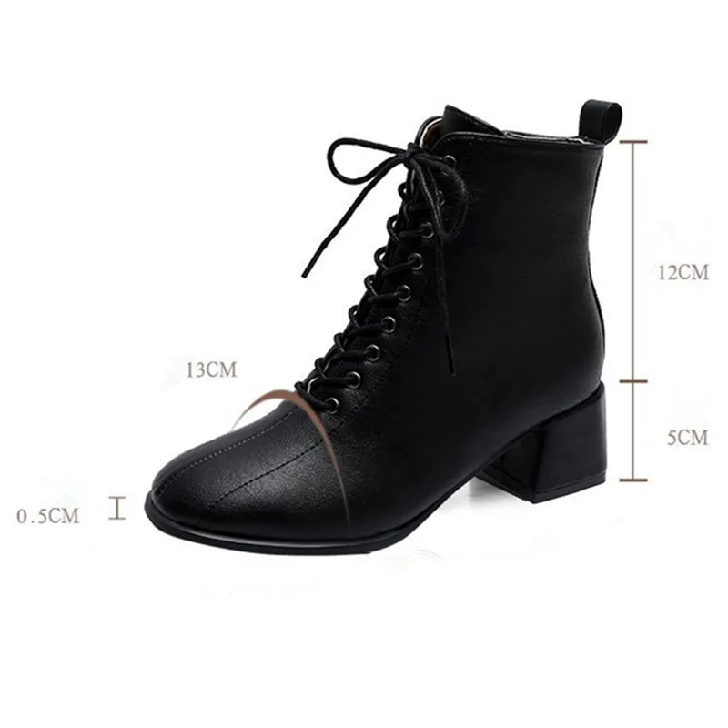 Women's Winter Warm Velvet Short Boots British Style Vintage Bandage Zipper Square Heel PU Leather Shoes Lady Black Matin Boots
