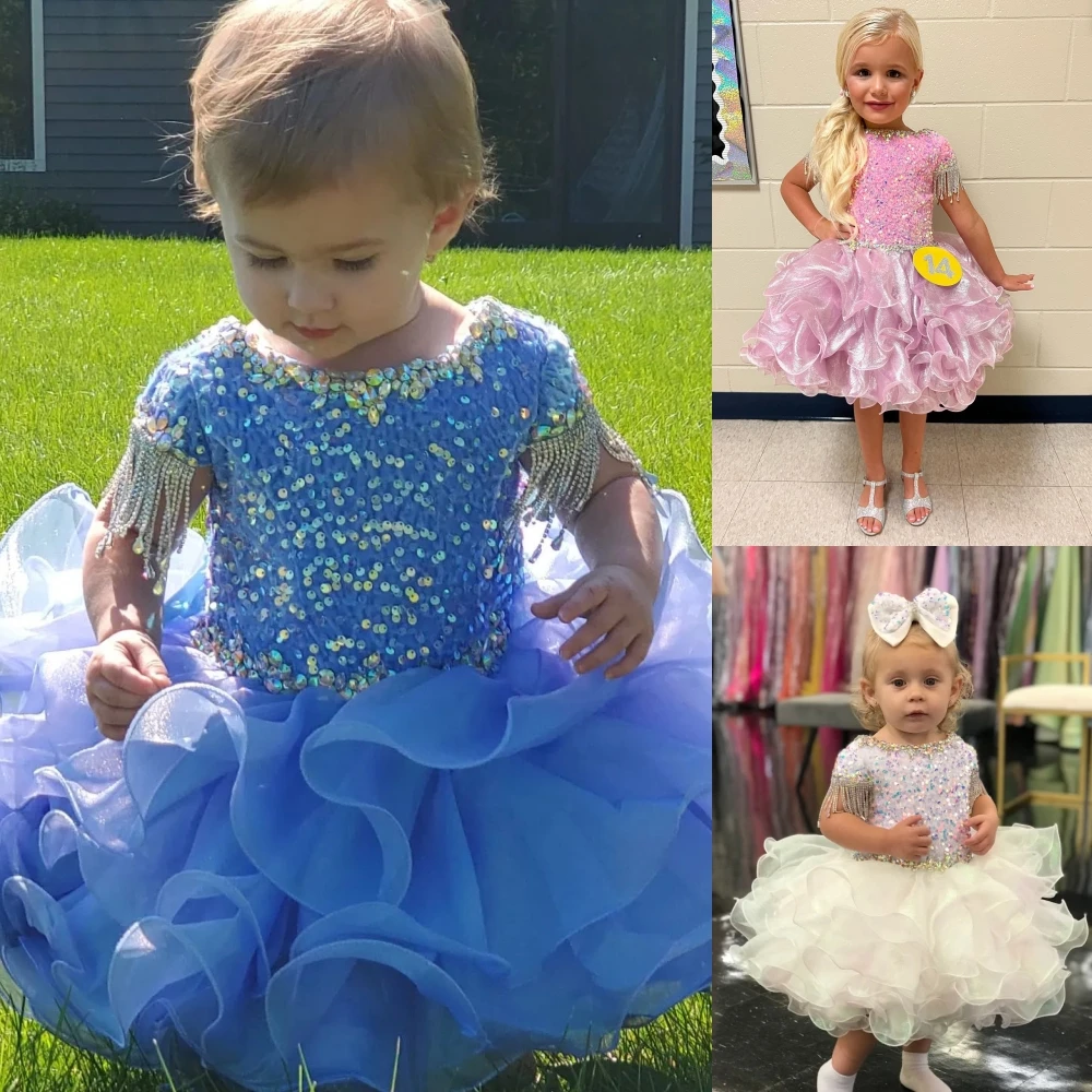 

Girl Cupcake Pageant Dress for Little Miss 2023 Glitz Baby Kids Birthday Party Gown Infant Toddler Blue Pink Cap Sleeves Glitter