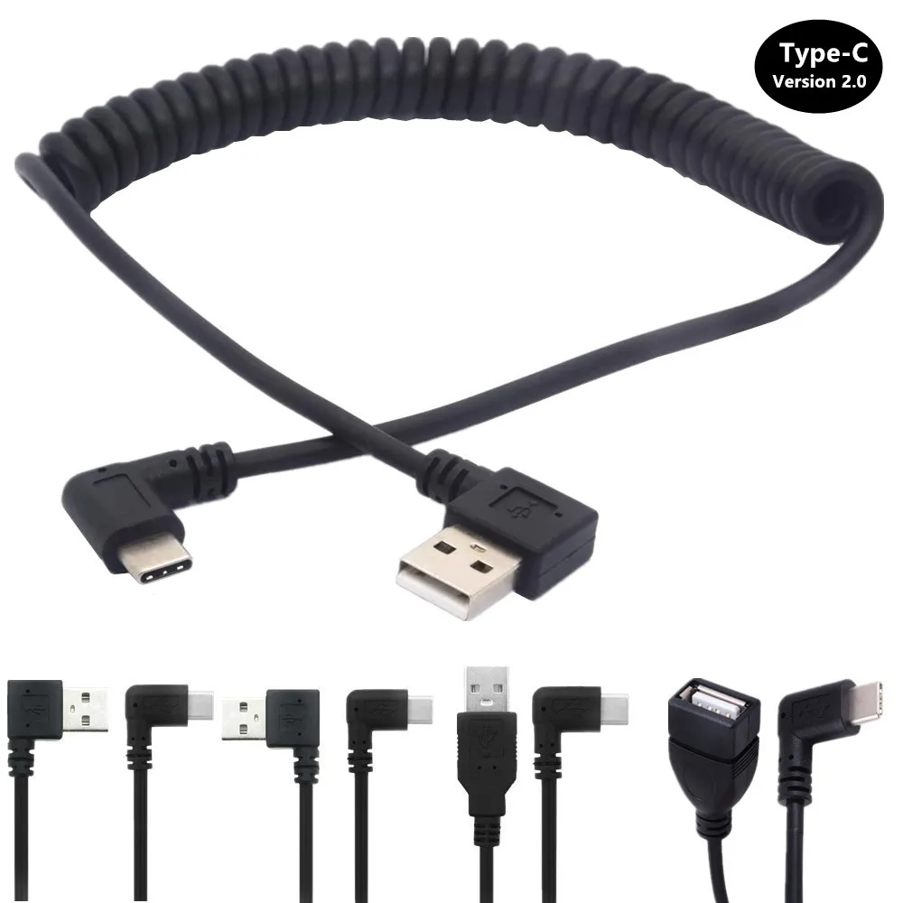 

90° Angle USB 2.0 Type A Male to Left & Right USB Type C Male Charge and Sync Spring Coiled Spiral Cable（Version 2.0)