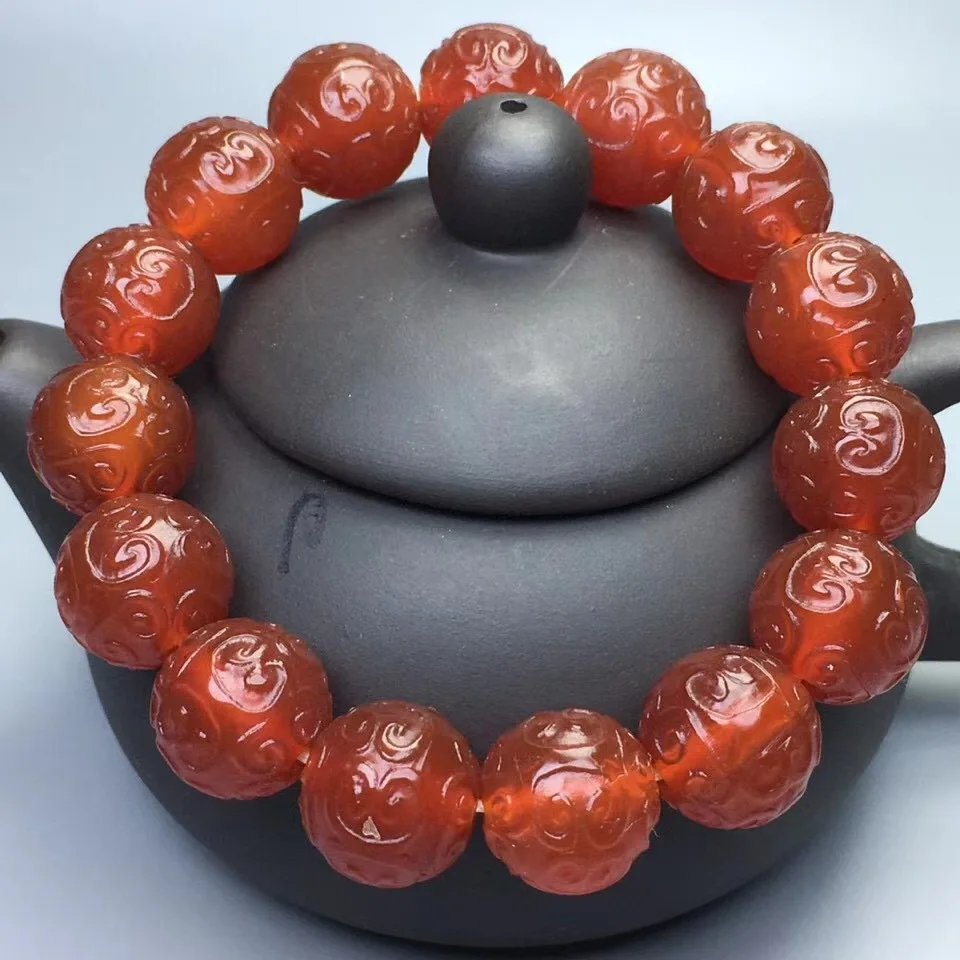 

Natural Tibetan Old Agate Carved Circle Beads Single Ring Bracelet Simple Joker Bracelets for Men and Women