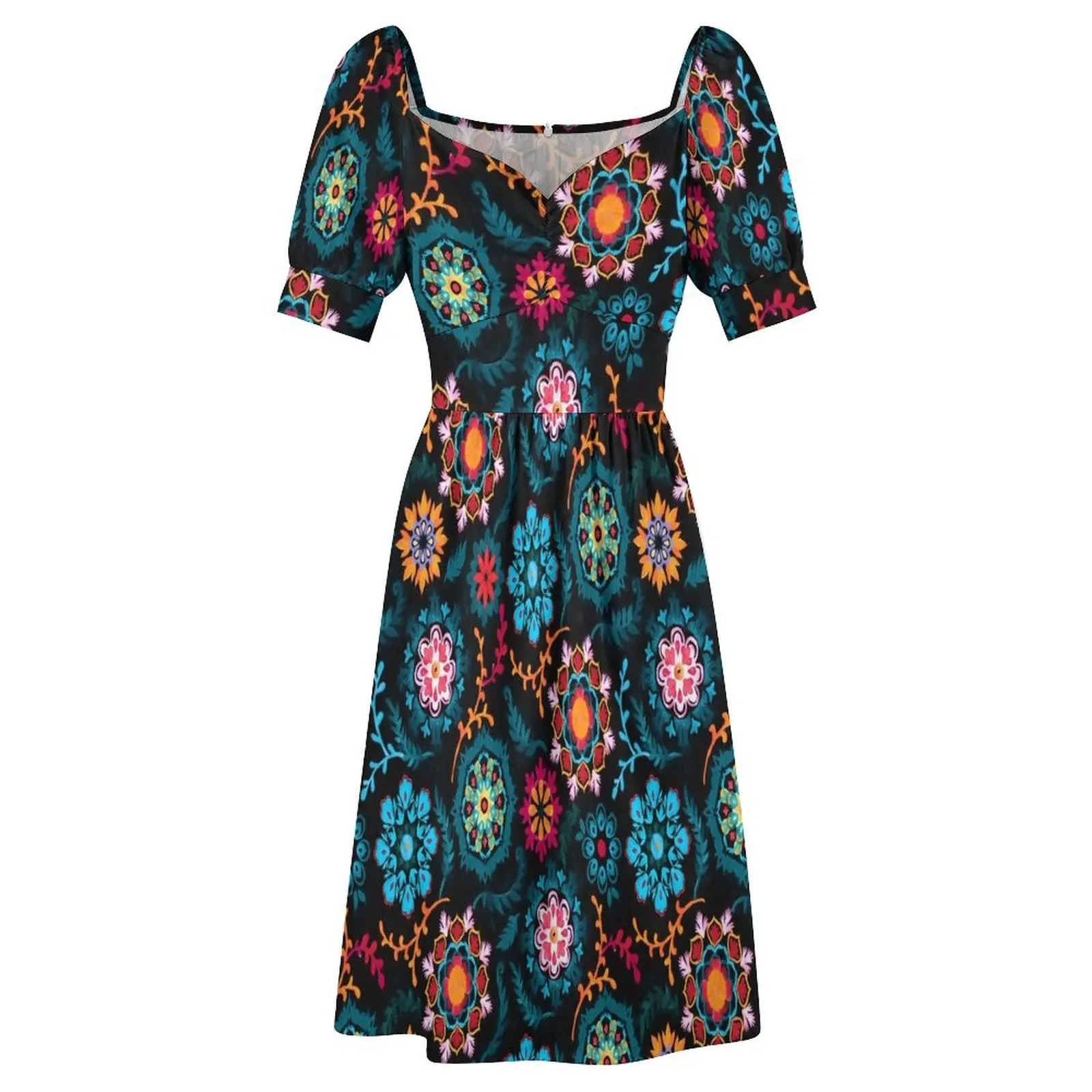 Черное платье с короткими рукавами в стиле Suzani элегантные платья для женщин