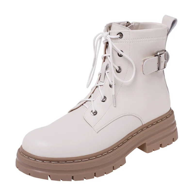 

Thick-soled Women Leather Short Motorcycle Boots British Trend 2022 Autumn New Fashion Buckle Women Ankle Booties