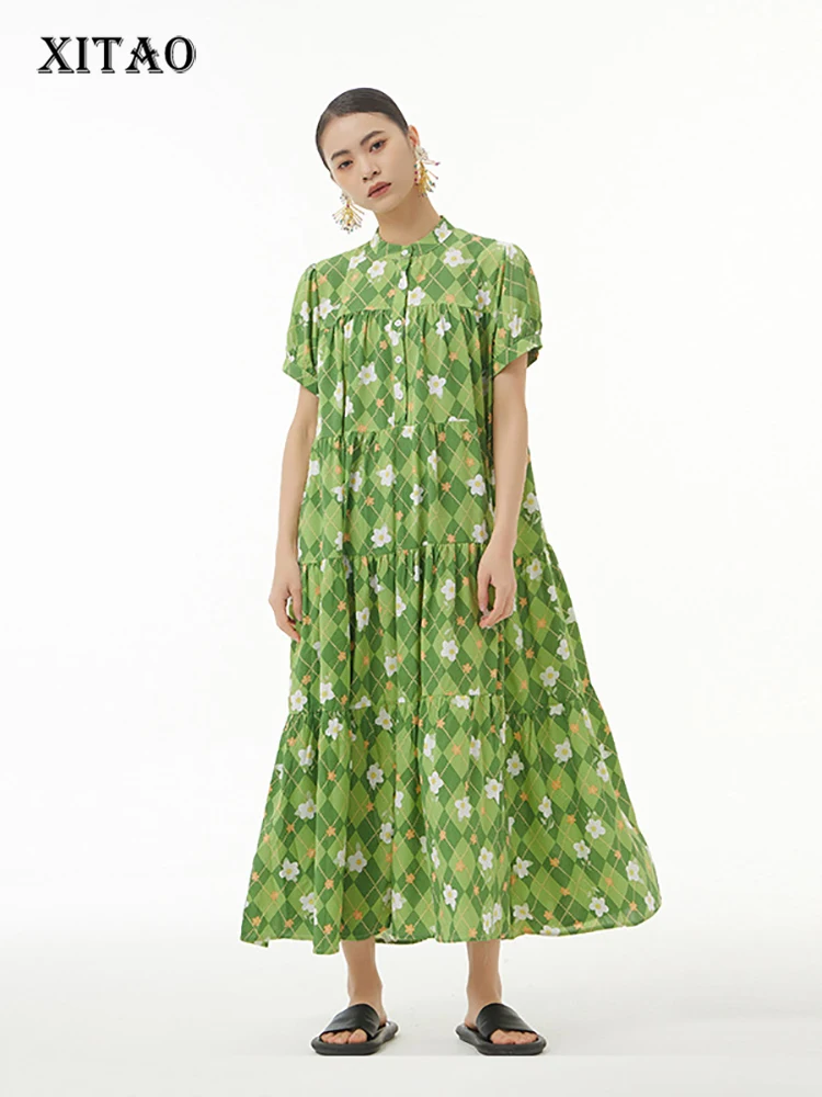 

XITAO Casual Print Dress Loose Fashion Splicing Women Stand Collar Pullover Shirt Dress 2022 New Simplicity Women WMD6151