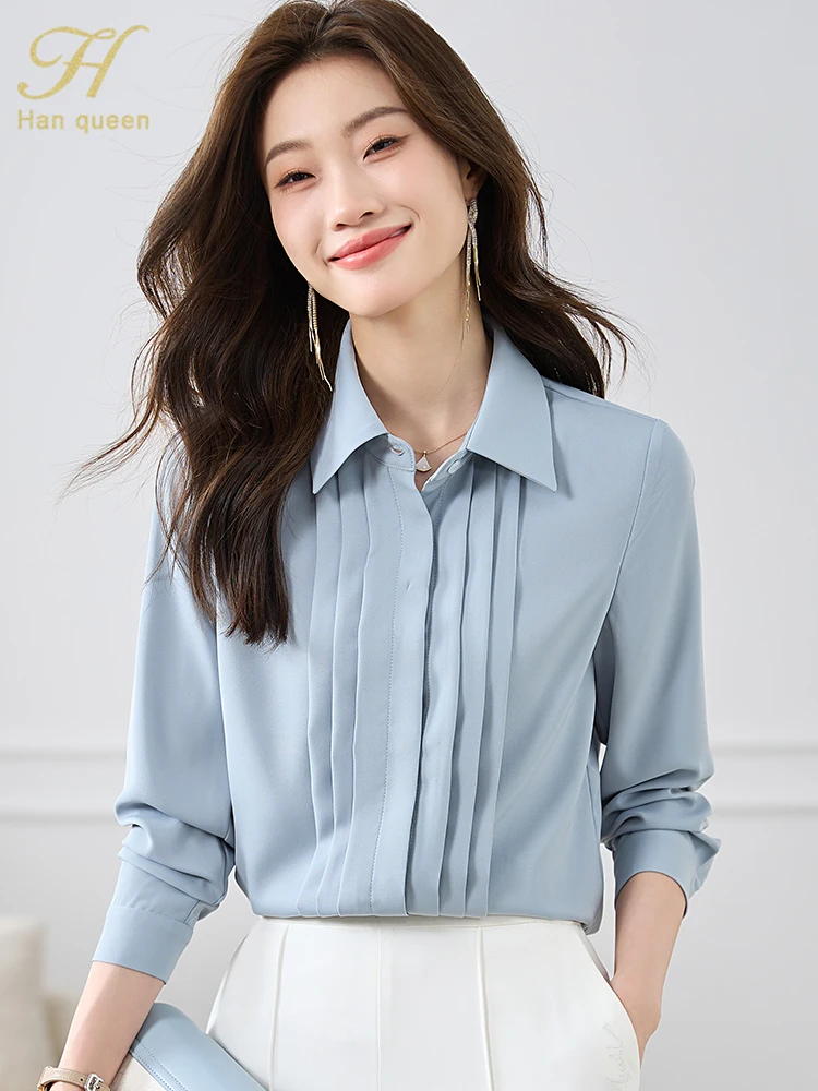 

H Han Queen 2023 Autumn Office Womens Blouses Folding Vintage Work Casual Tops Chiffon Blouse Elegant Long Sleeve Loose Shirts