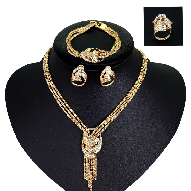 

European and American Exaggerated Jewelry Set Necklace Bracelet Earring Ring Wedding Bridal Jewelry Set Four-piece Set