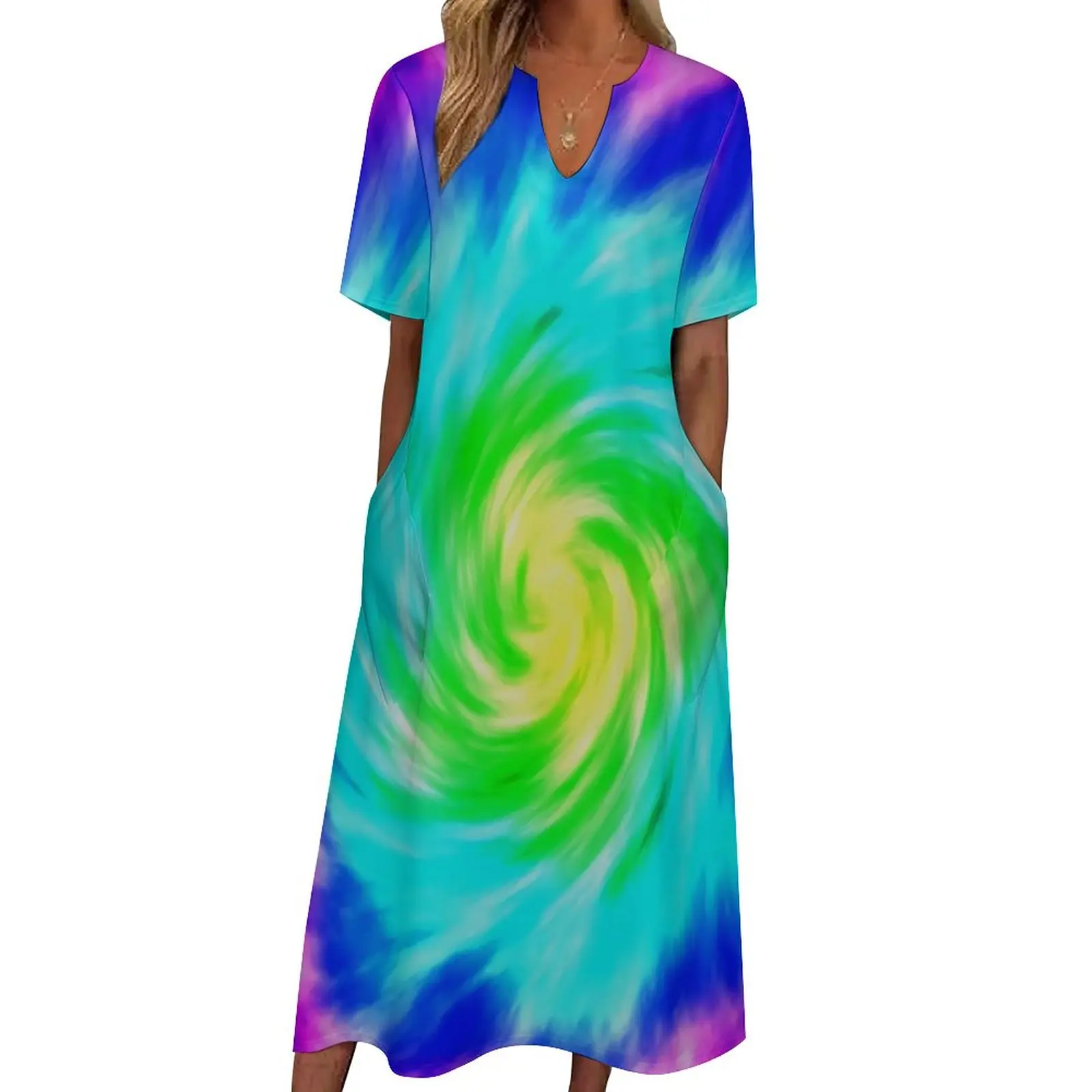 

Женское длинное платье в стиле бохо, длинное пляжное платье на спирали с радужным принтом и коротким рукавом