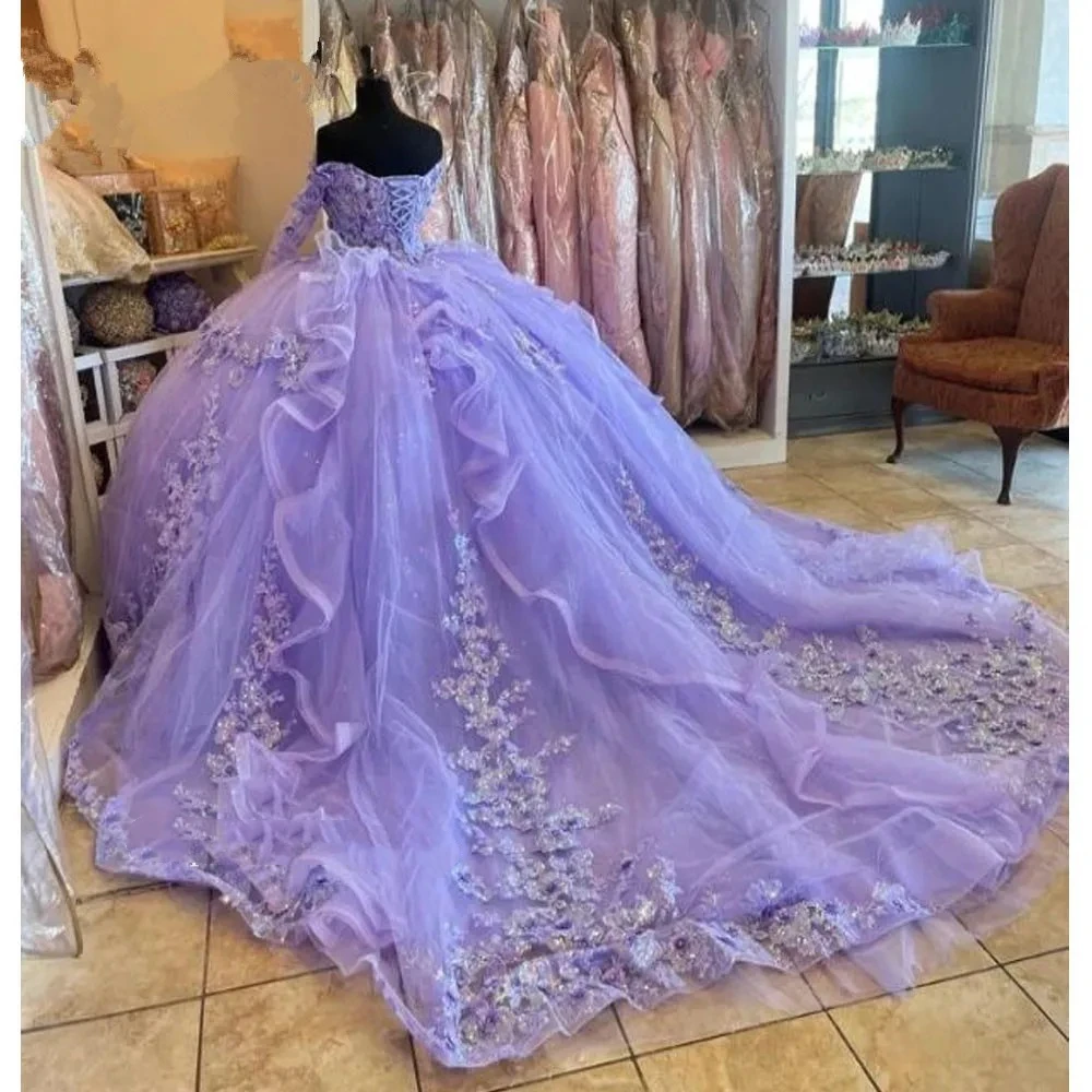 

ANGELSBRIDEP Lilac Quinceanera Dresses Sweet 16 Princess Prom Dresse Long Sleeve 3D Flowers Appliques Vestidos De 15 Anos