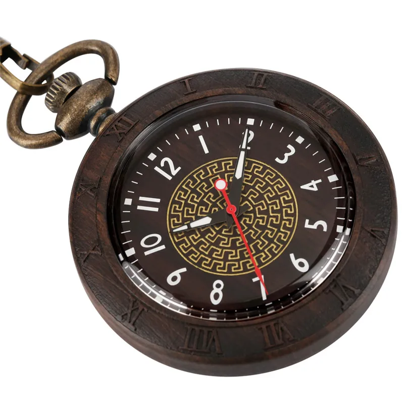 Retro Pocket Watch Nature Wood Watches Unisex Arabic Number Quartz Movement Clock with Luminous Hands 30Cm Pendant Chain Gift