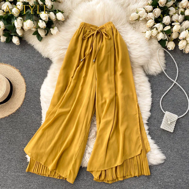 

A GIRLS Design Wide Leg Pants Women Korean Fashion High Waist Pleated Pants Summer Casual Streetwear Chiffon Long Trousers