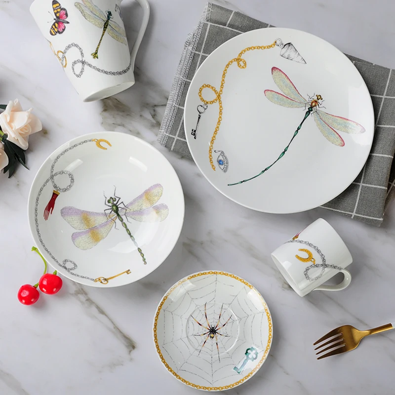 

Creative dragonfly foreign trade ceramic tableware set household mugs, coffee cups and saucers, small bowls and plates.