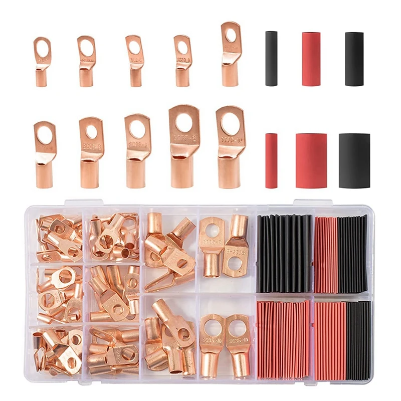 

160Pcs Copper Wire Lugs With Heat Shrink Tubing Set, Battery Ring Terminal Connectors Copper Ring Lugs Assortment Kit