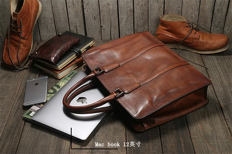 Simple casual natural genuine leather men's large-capacity briefcase vintage business lawyer handbag work shoulder messenger bag