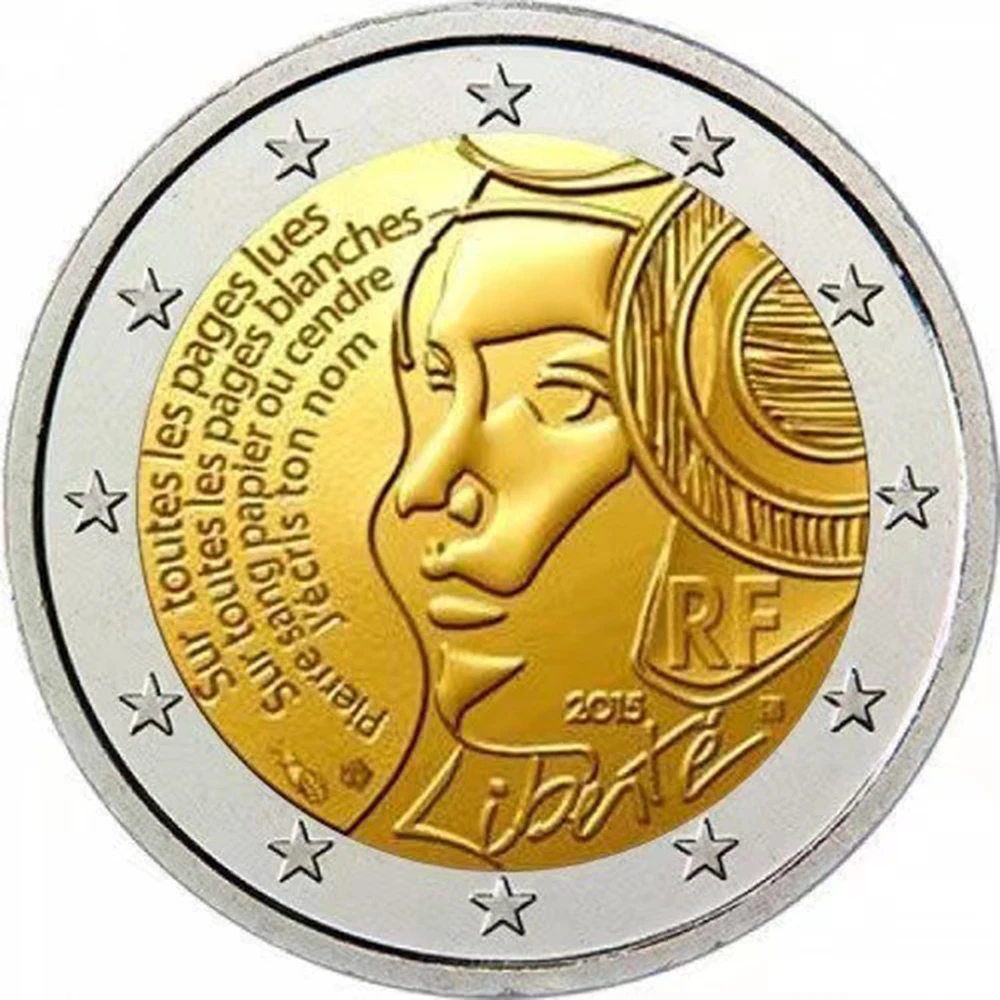 France 2 Euro Coin European Rare Real Eu Dollar Cents Original Commemorative Coins for Collection UNC 2015