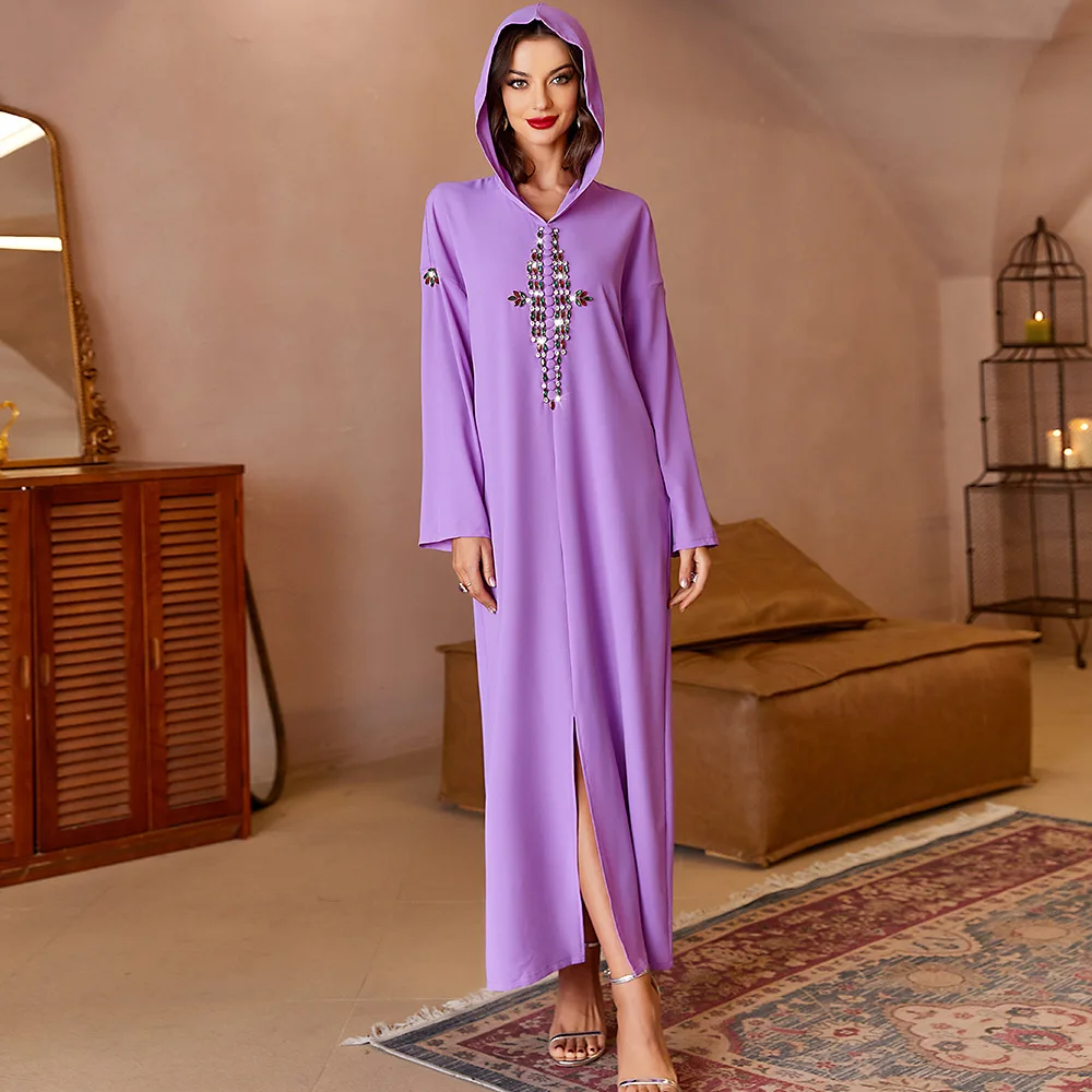 Abayas for Women New Lilac Purple Hand Sewn Diamond Women Arabian Hooded Dress Robe Femme Musulmane Dubai Abayas Turkey Vestidos