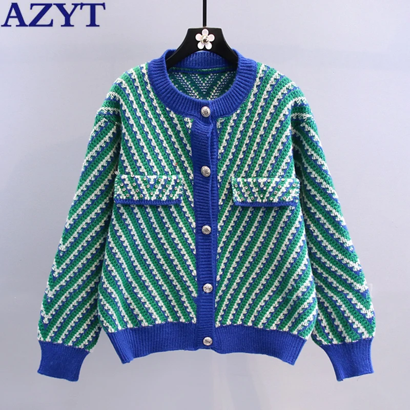 

AZYT Fashion Striped Sweater Female Cardigan 2022 Spring New Panelled O Neck Knit Cardigan Single-breasted Knitwear Pull Femme