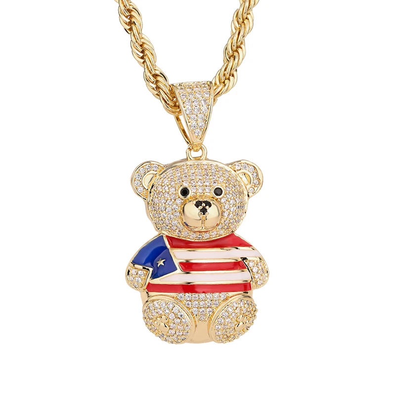 

New Arrival Hip Hop 14k Gold Plated Puerto Rican Teddy Bear Zircon Copper Pendants and Necklaces
