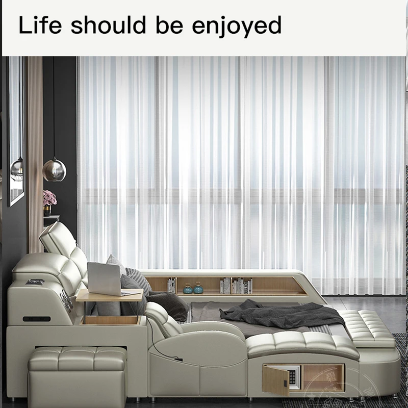 Leather Multifunctional Massage Bed Frame Modern Camas Smart Bed With Storage  Led Light Bluetooth Speaker Bedroom Furniture