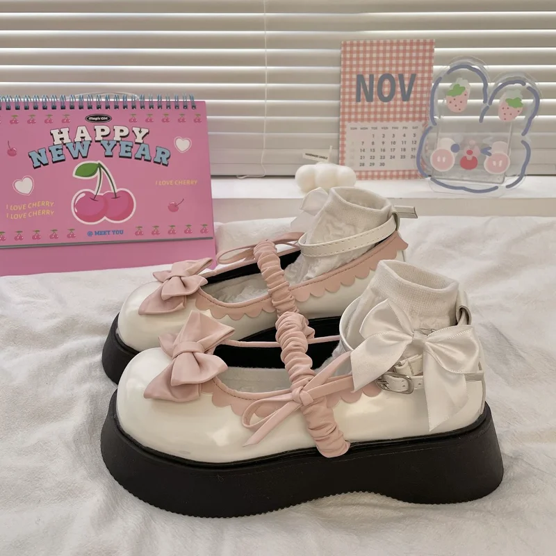 SHANPA Original Pink Bow Mary Janes Cute Lolita Shoes for Women New In 2023 All-match Leisure Student Shoes Zapatillas Mujer