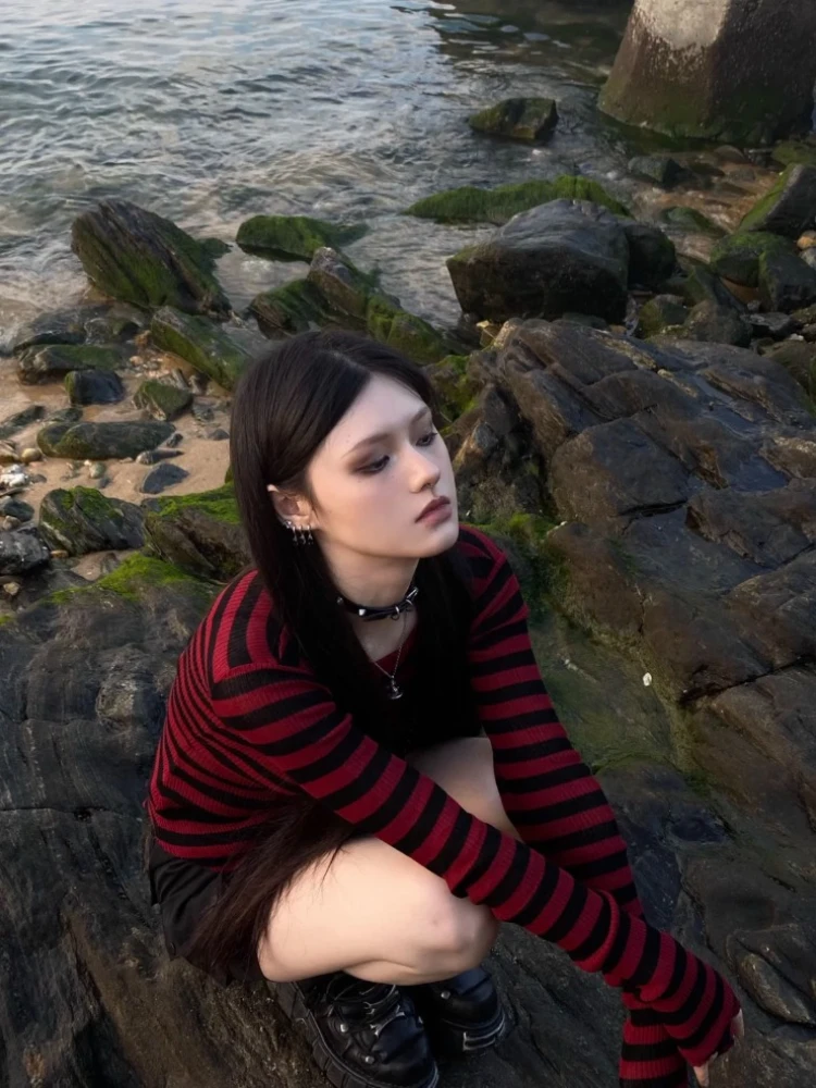 Y2k панк красный черный полосатый Топ женский модный приталенный с длинным