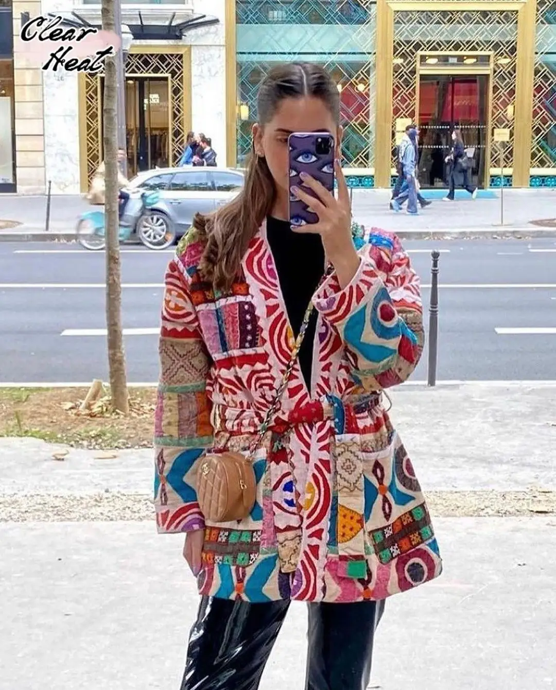 

Women Patchwork Printed All Match Cotton Jacket Female Long Sleeve V Neck Winter Coat With Belt Female Vacation Streetwear 2023