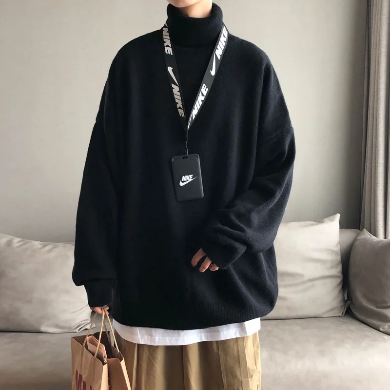 2022 New Men Winter Loose Knitted Sweater Turtleneck Tops Solid Oversize Sweater Male Fashion Long Warmth Streetwear M-XXL