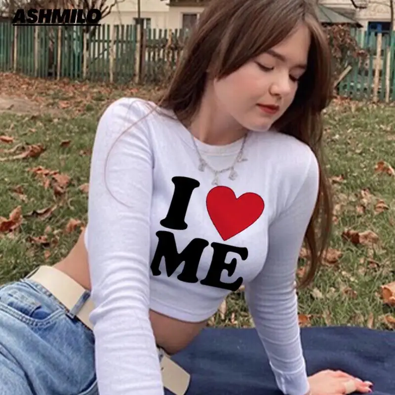 

Y2K Esthetics Letter Prints I Love Me Long Sleeve Womens T-shirt Casual White Fashion Crop Top T Shirt Fashion Korean Tee Shirt