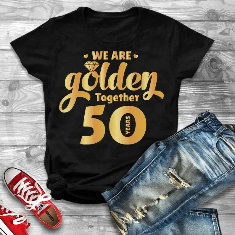 

50-е годовщина свадьбы, подарки родителям, Золотая Юбилейная рубашка для него, унисекс хлопковый топ с коротким рукавом y2k