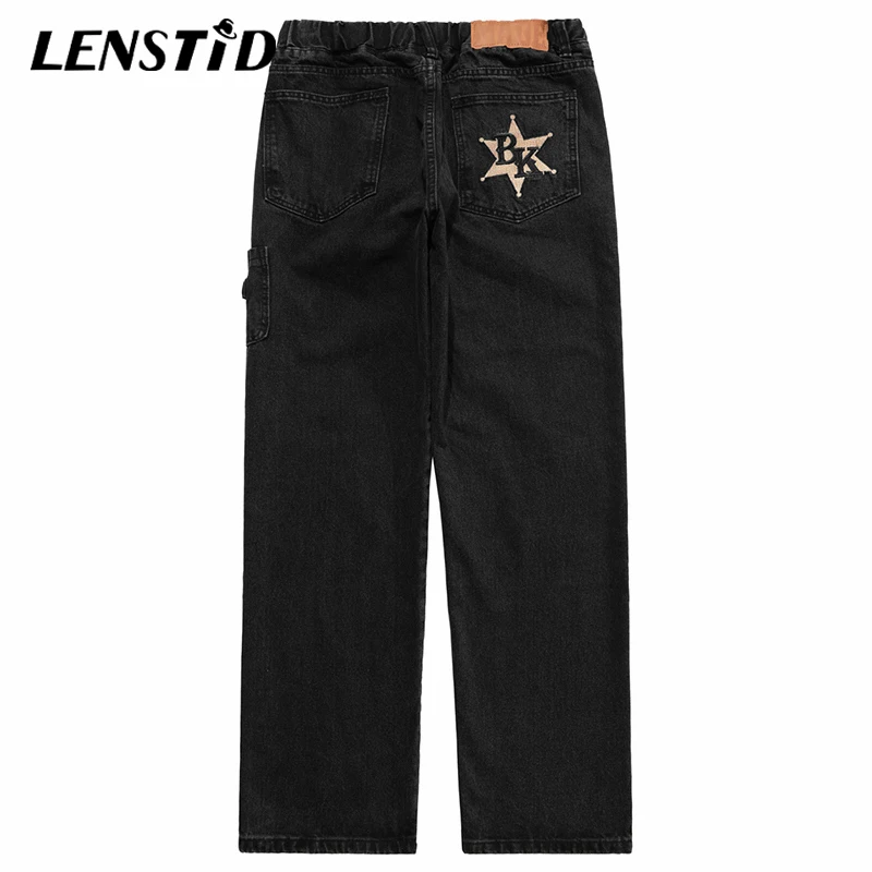 Джинсы LENSTID мужские с вышивкой черные брюки из денима Джоггеры в стиле хип-хоп
